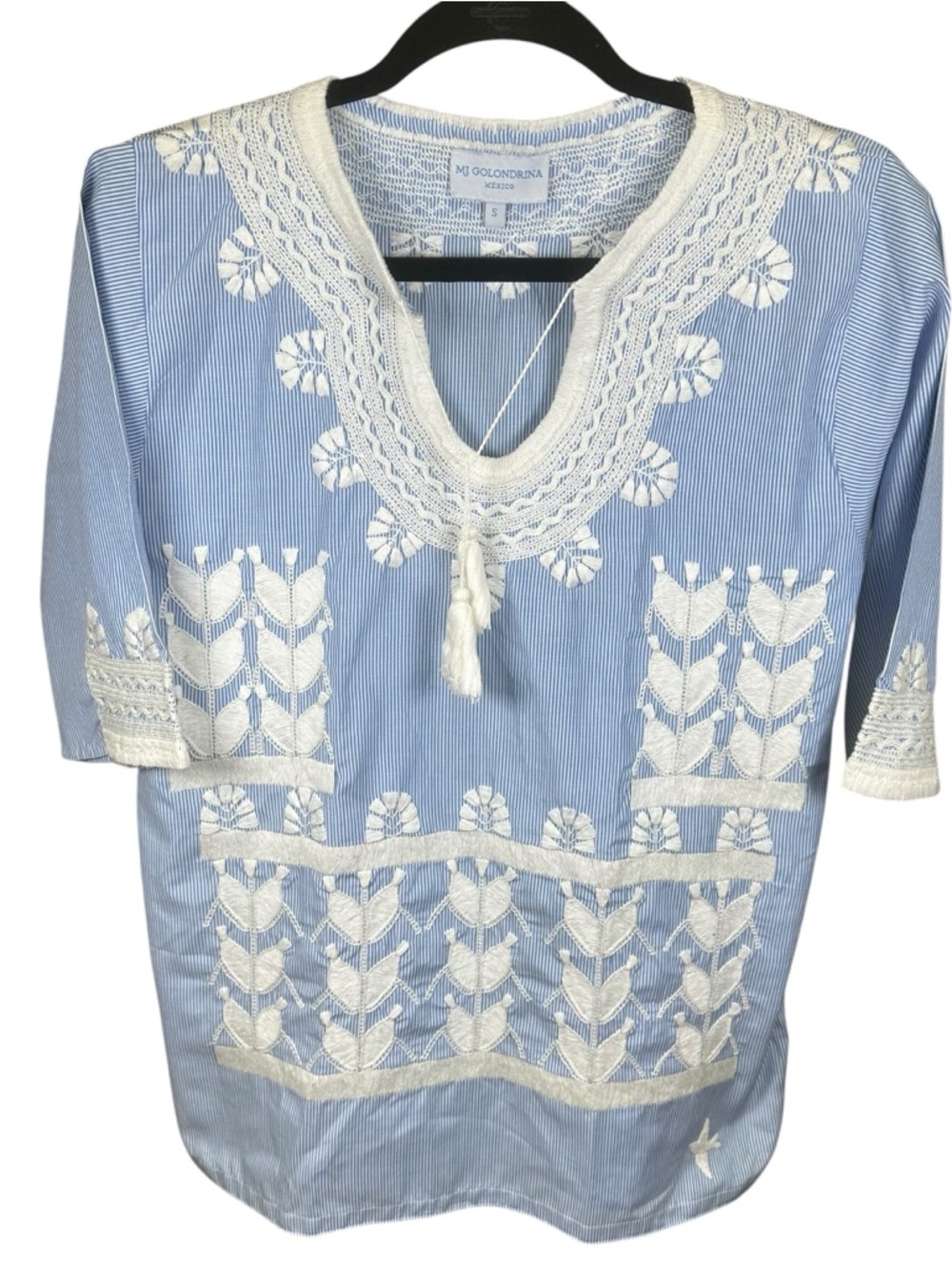 Mi Golondrina Embroidered Stripe Tassel Tunic Blue Relaxed Fit Peasant Boho S